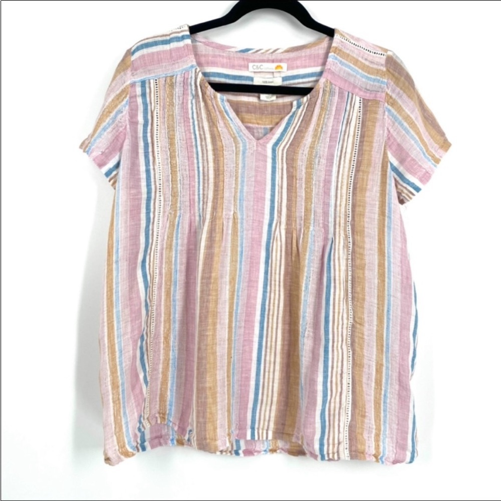 C&C California stripe lace insert linen top